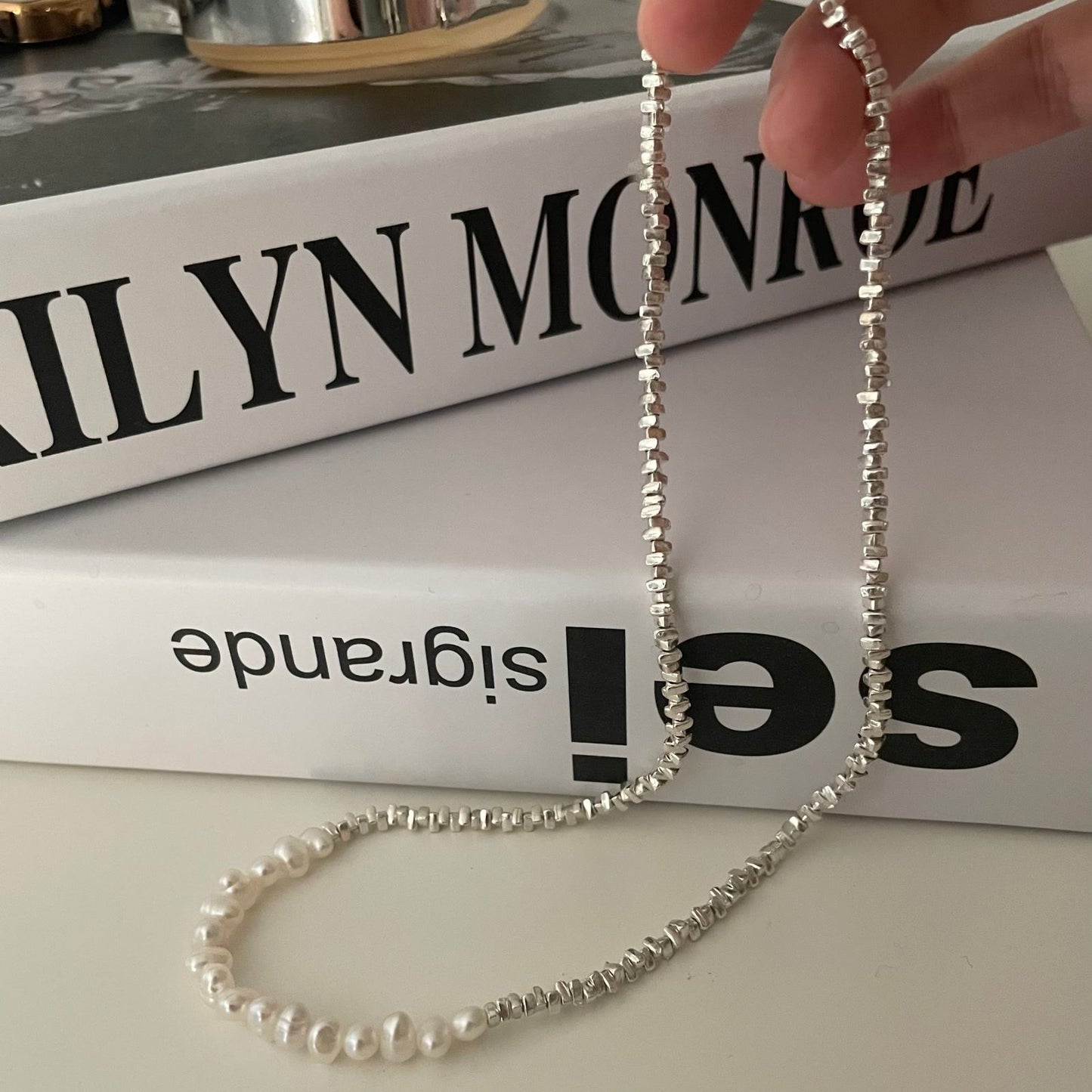 Pearl and Silver Chain Necklace