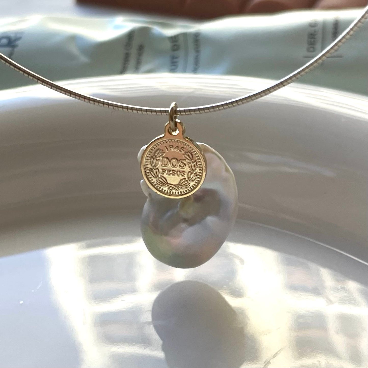 Baroque Pearl and Gold Coin Silver Chain Necklace