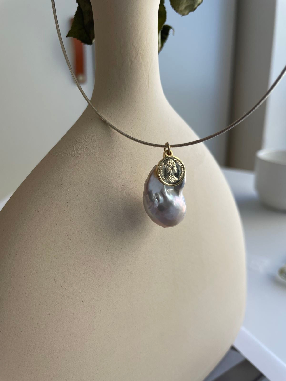 Baroque Pearl and Gold Coin Silver Chain Necklace