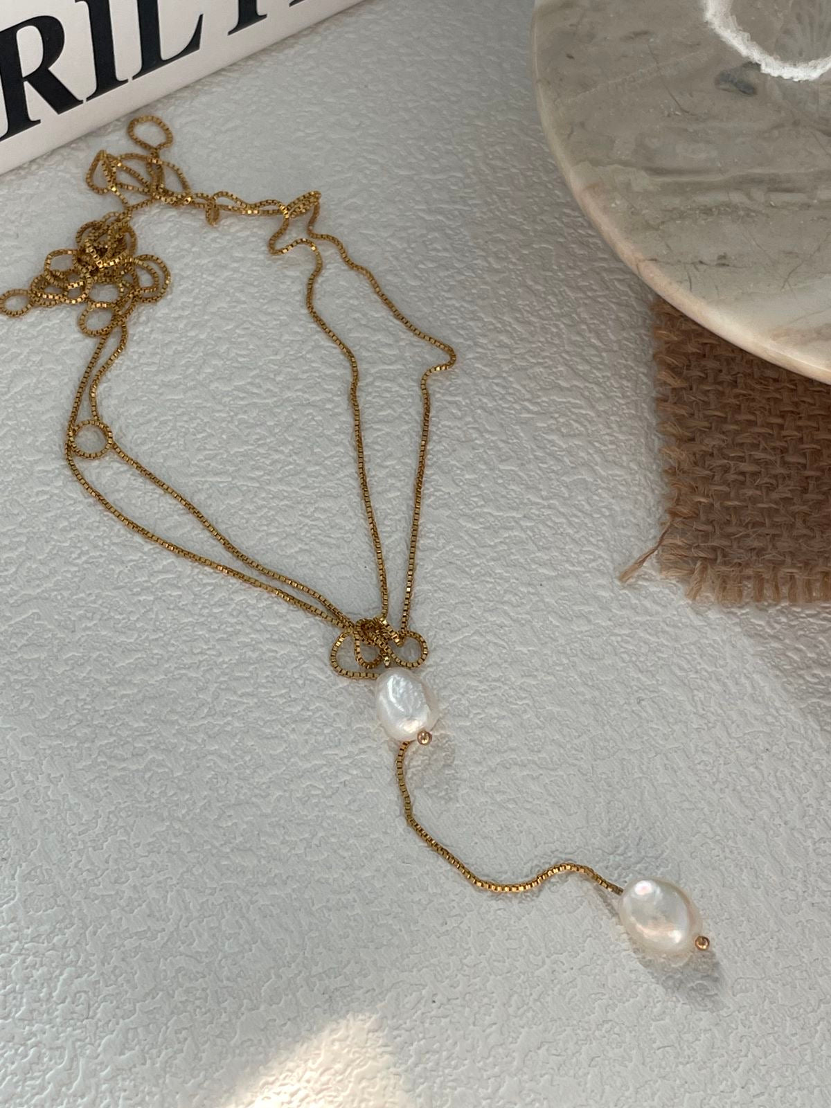 Filament Line Pearl Long Gold Chain Necklace