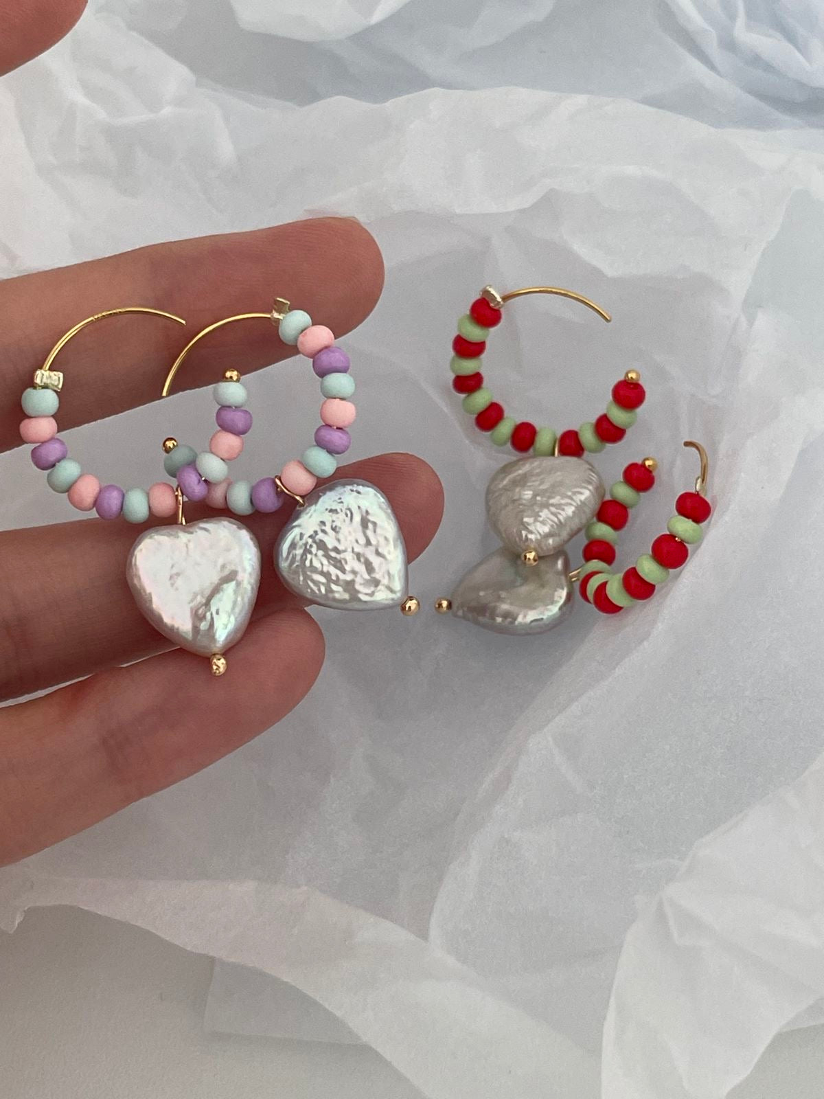 Heart-Shaped Pearl Colorful Earrings in 14K Gold