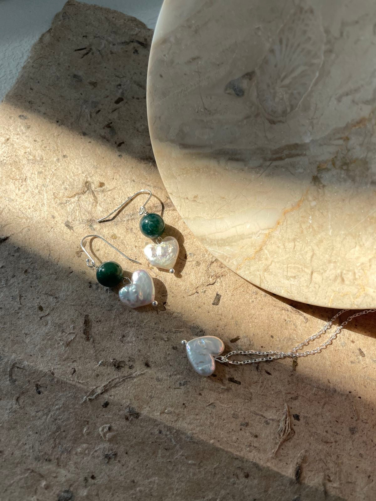 Green Agate and Heart Pearl Earrings