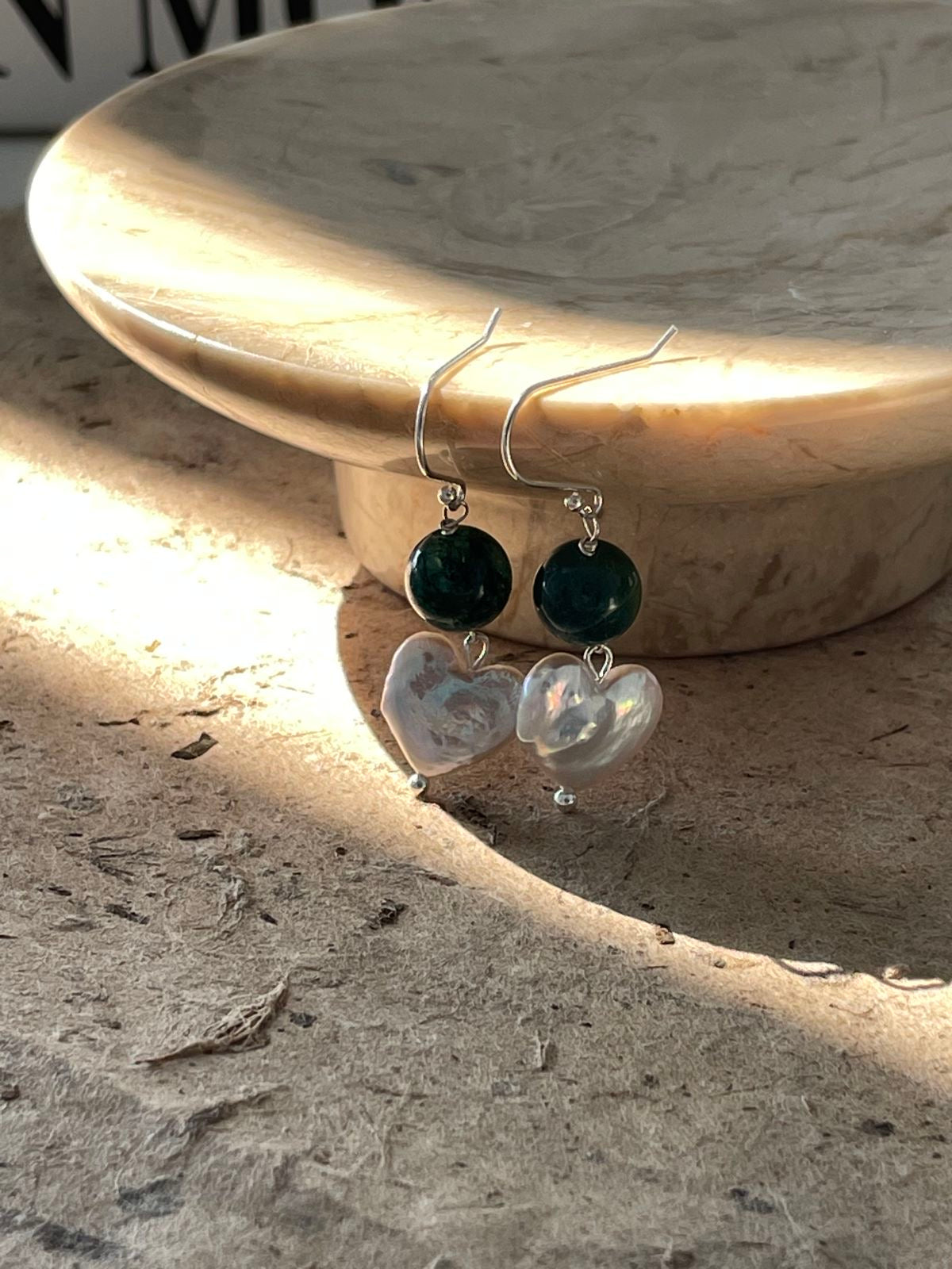 Green Agate and Heart Pearl Earrings