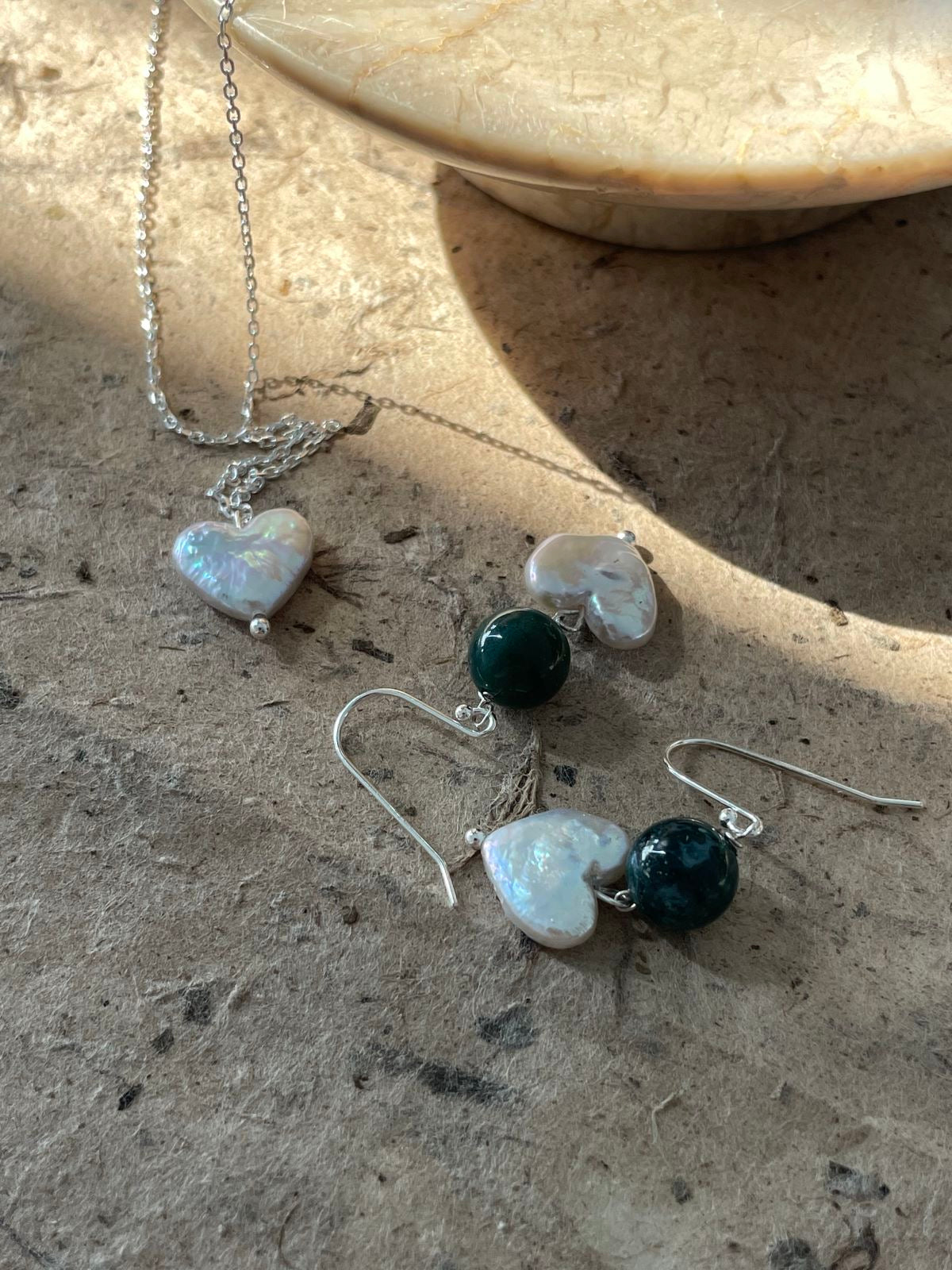 Green Agate and Heart Pearl Earrings