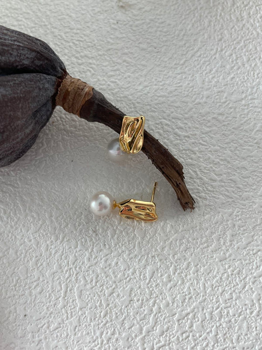 Wave Gold Earrings with Pearl Accents