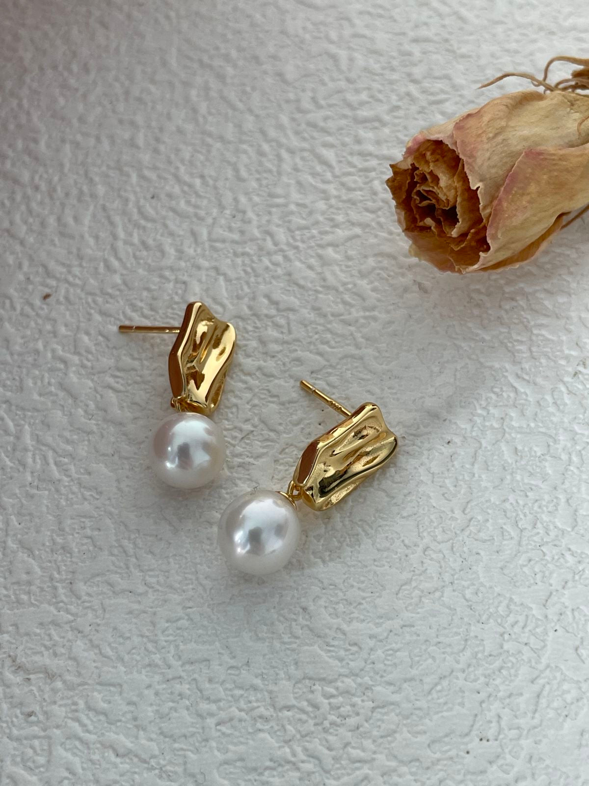 Wave Gold Earrings with Pearl Accents