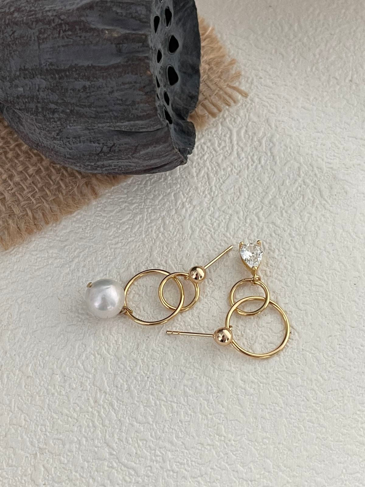 Asymmetric Pearl and Sparkling Zirconia Earrings