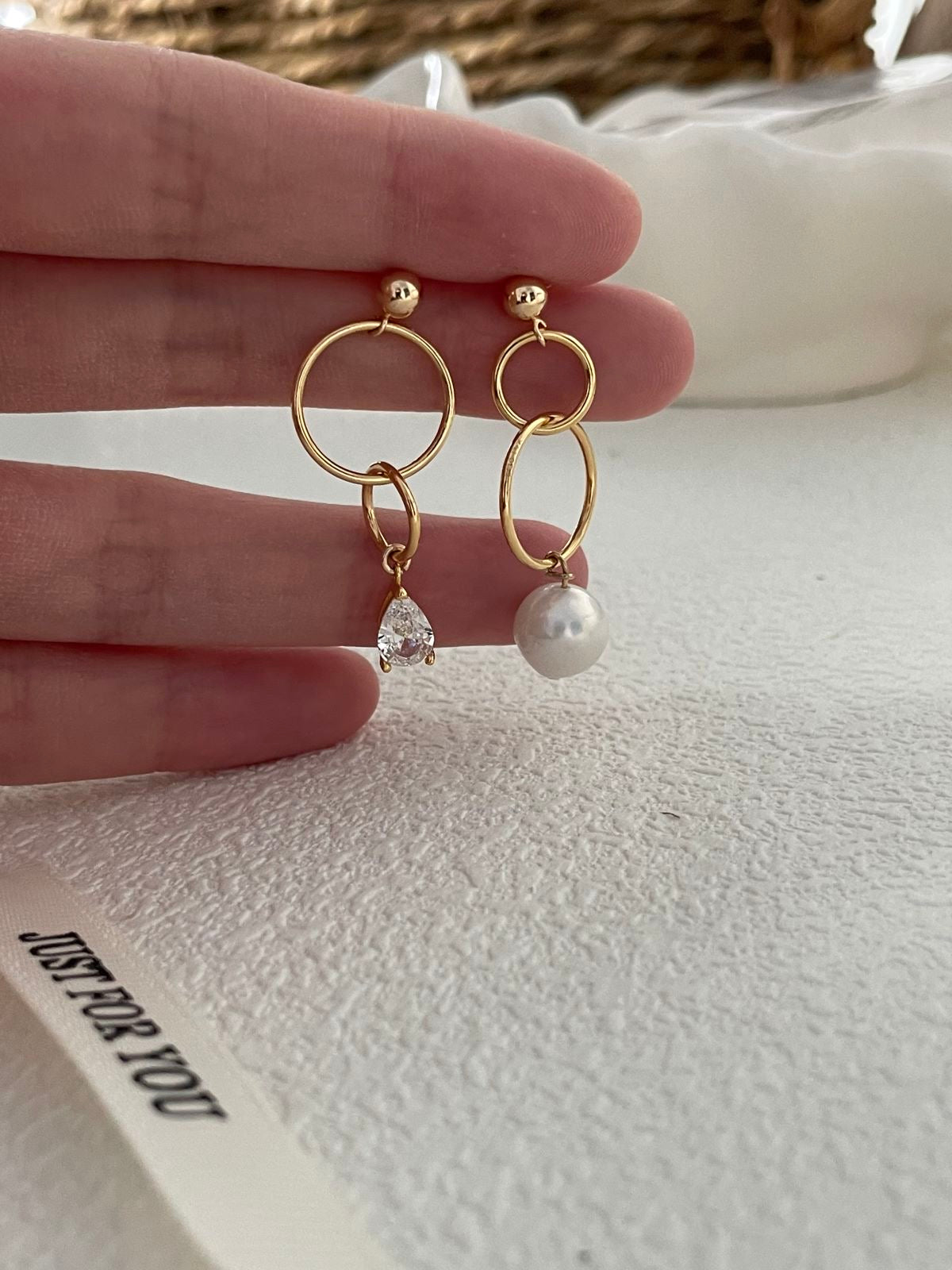 Asymmetric Pearl and Sparkling Zirconia Earrings